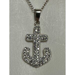 Sterling Silver 1" Anchor Pendant 18" Necklace With Crystals Marked FAS THAI 925